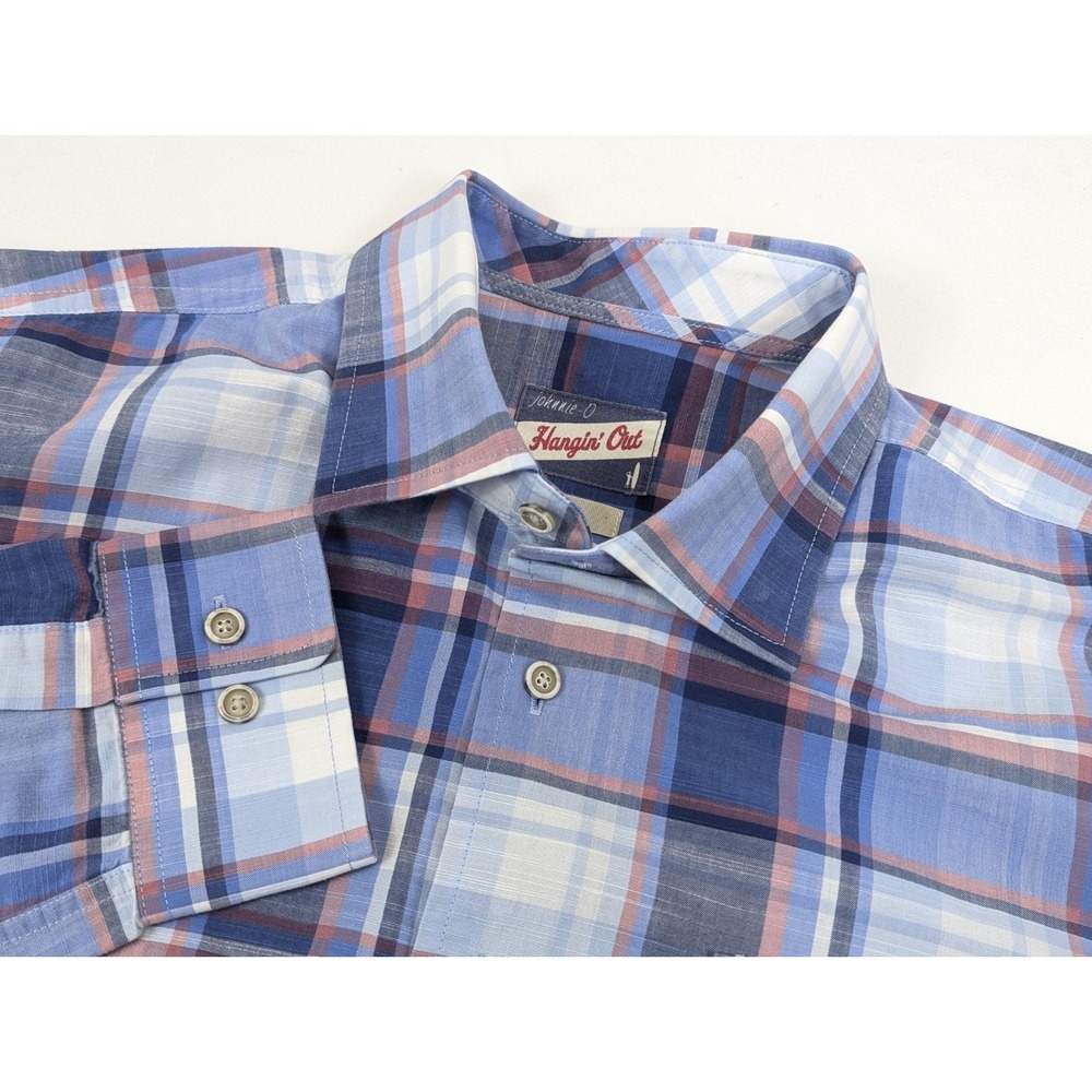 Johnnie O Shirt Hanging Out Mens LG Multicolor Plaid Surf Ocean Beachy Sporty